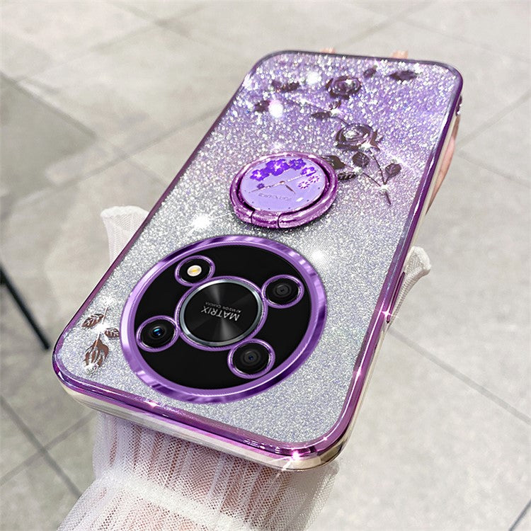 KADEM For Honor X30 5G Flower Decor TPU Cover Ring Kickstand Shell Glitter Anti-scratch Phone Case - Purple