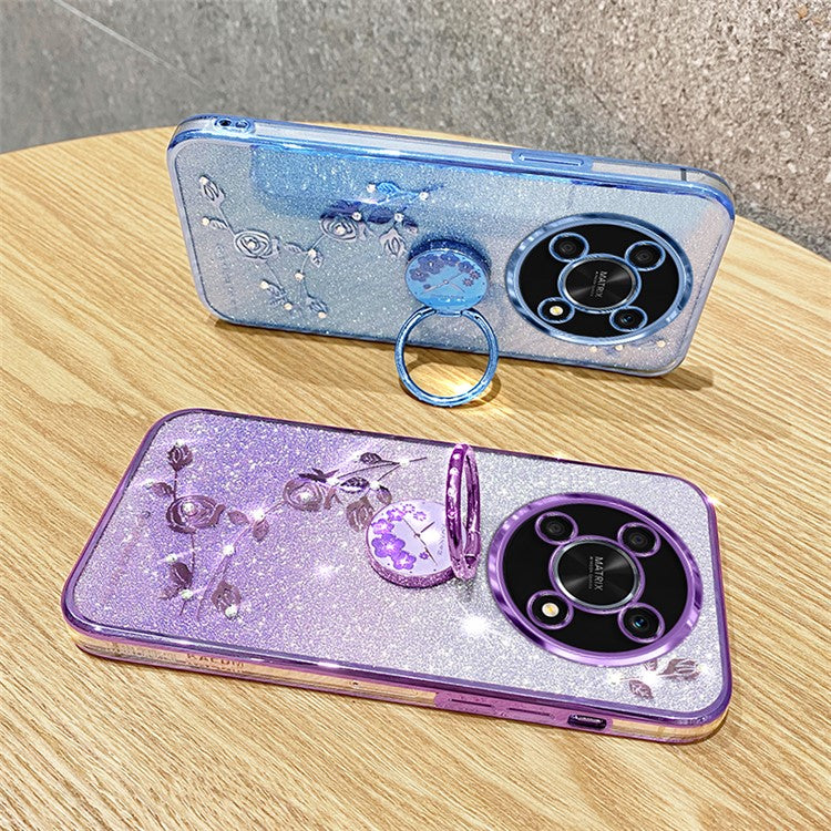 KADEM For Honor X30 5G Flower Decor TPU Cover Ring Kickstand Shell Glitter Anti-scratch Phone Case - Purple