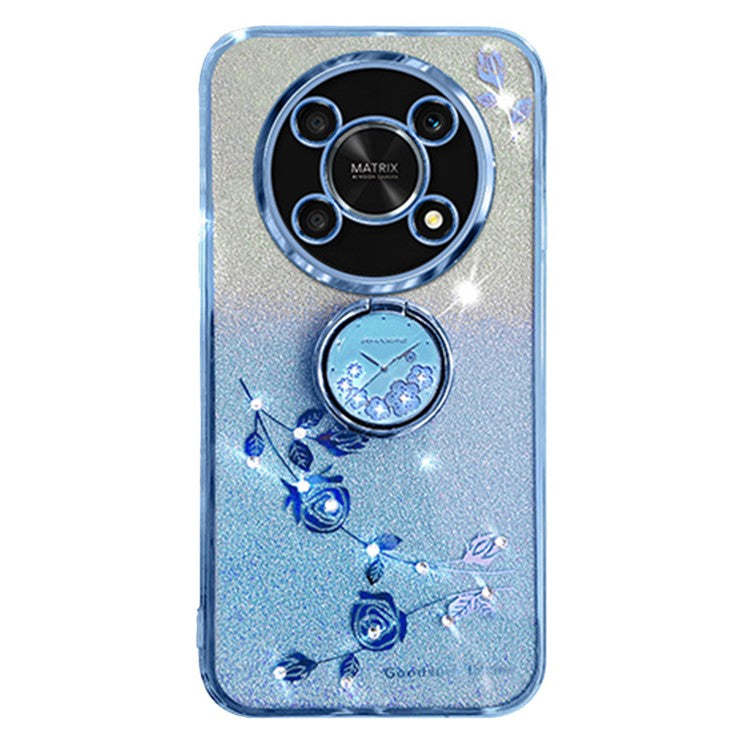 KADEM For Honor X30 5G Flower Decor TPU Cover Ring Kickstand Shell Glitter Anti-scratch Phone Case - Blue
