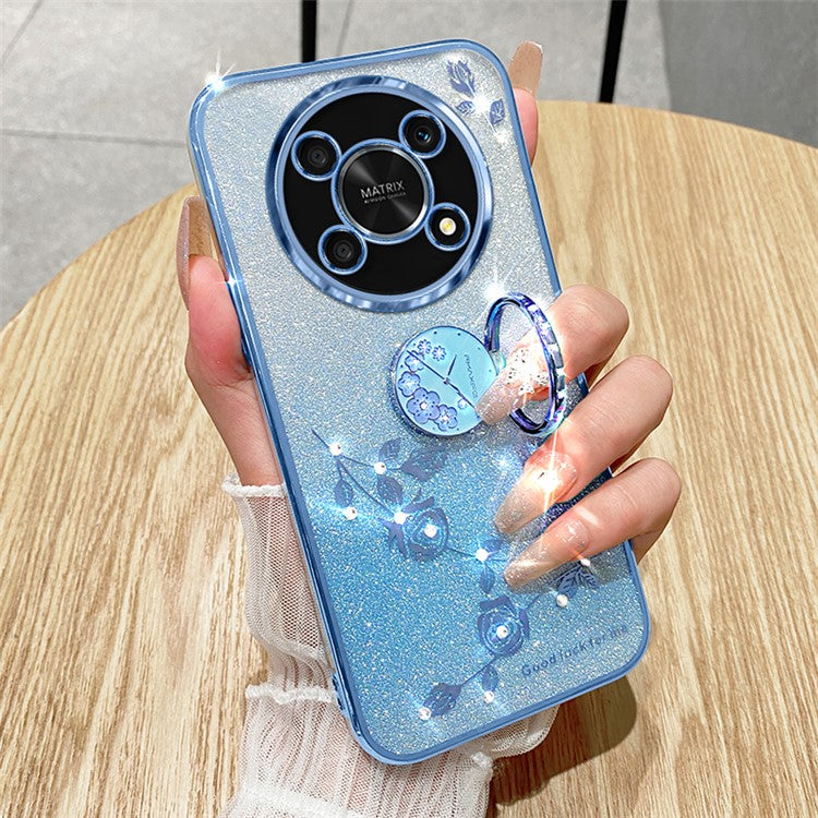 KADEM For Honor X30 5G Flower Decor TPU Cover Ring Kickstand Shell Glitter Anti-scratch Phone Case - Blue
