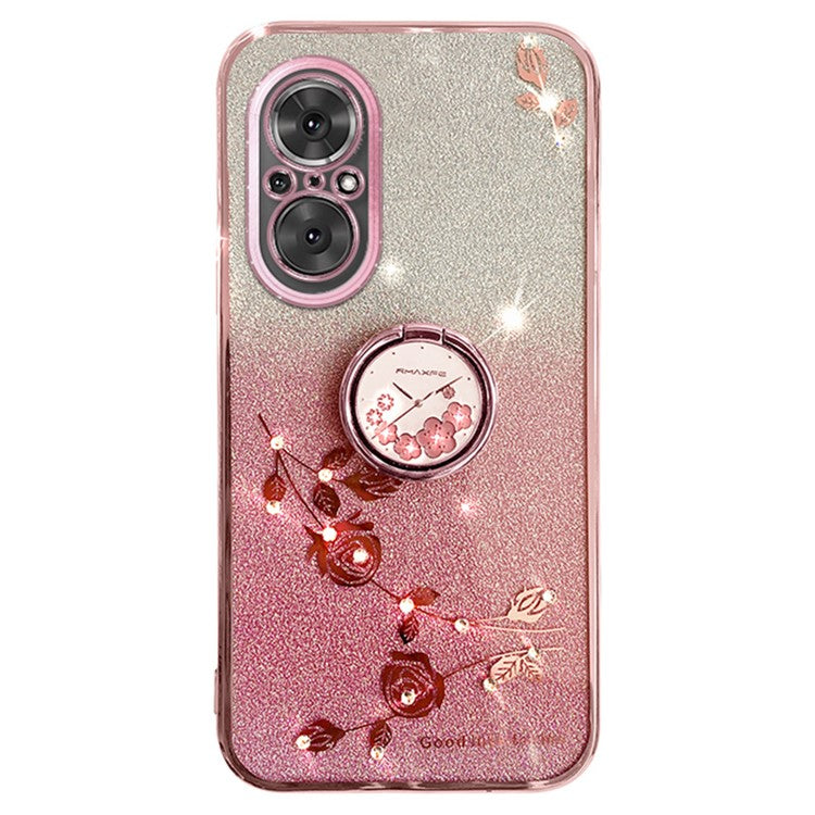 KADEM For Huawei nova 9 SE / Honor 50 SE TPU Phone Cover Glitter Anti-scratch Ring Kickstand Flower Pattern Phone Case - Rose Gold