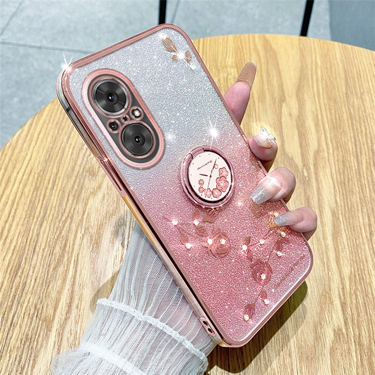 KADEM For Huawei nova 9 SE / Honor 50 SE TPU Phone Cover Glitter Anti-scratch Ring Kickstand Flower Pattern Phone Case - Rose Gold