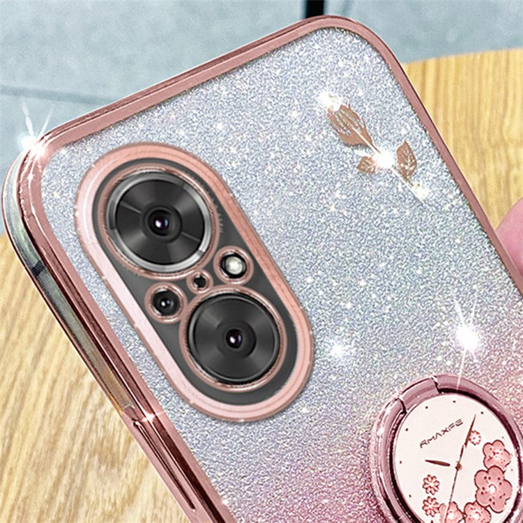 KADEM For Huawei nova 9 SE / Honor 50 SE TPU Phone Cover Glitter Anti-scratch Ring Kickstand Flower Pattern Phone Case - Rose Gold