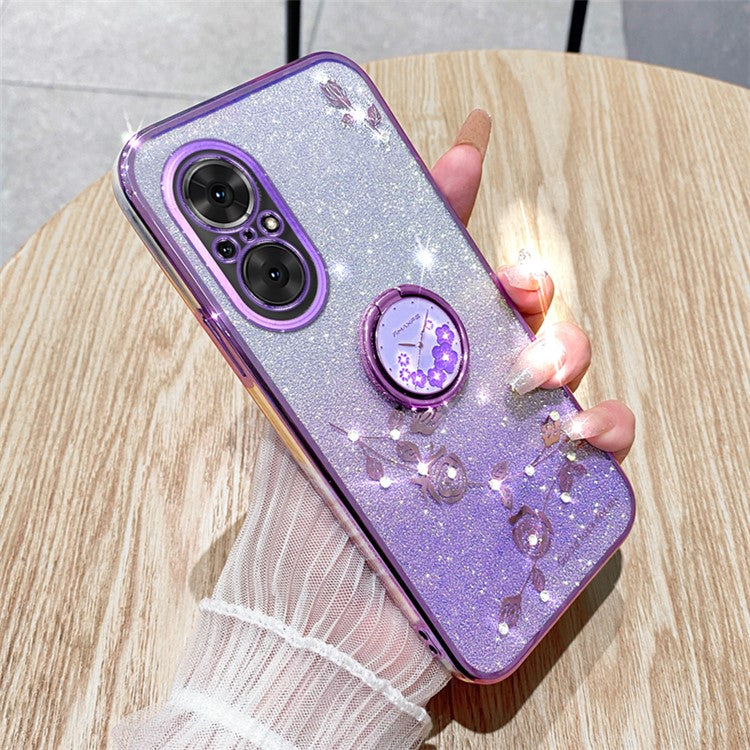 KADEM For Huawei nova 9 SE / Honor 50 SE TPU Phone Cover Glitter Anti-scratch Ring Kickstand Flower Pattern Phone Case - Purple