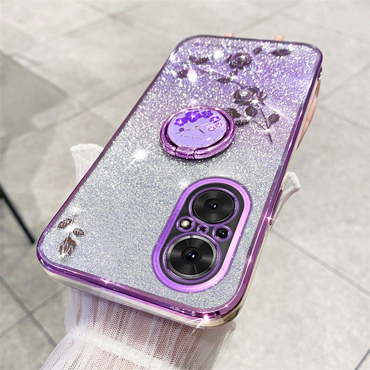 KADEM For Huawei nova 9 SE / Honor 50 SE TPU Phone Cover Glitter Anti-scratch Ring Kickstand Flower Pattern Phone Case - Purple