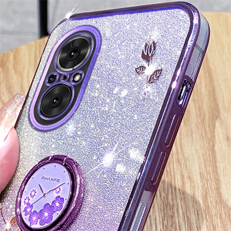 KADEM For Huawei nova 9 SE / Honor 50 SE TPU Phone Cover Glitter Anti-scratch Ring Kickstand Flower Pattern Phone Case - Purple