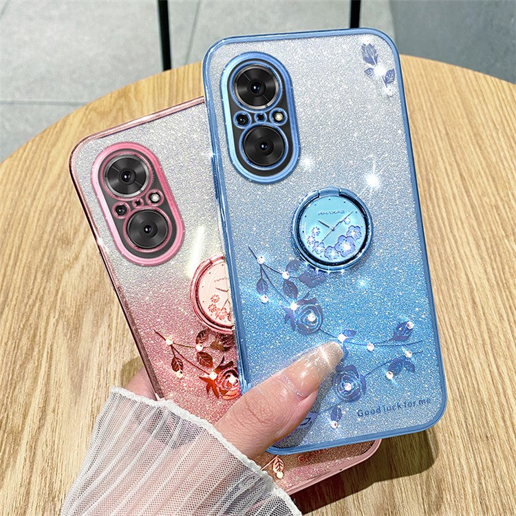 KADEM For Huawei nova 9 SE / Honor 50 SE TPU Phone Cover Glitter Anti-scratch Ring Kickstand Flower Pattern Phone Case - Blue