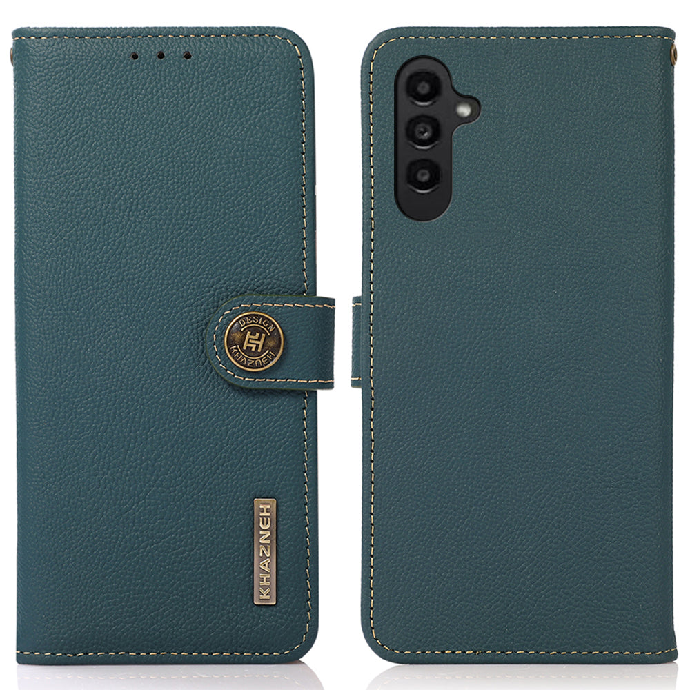 KHAZNEH For Samsung Galaxy F34 5G / M34 5G RFID Blocking Wallet Case Genuine Cow Leather Phone Stand Cover - Green