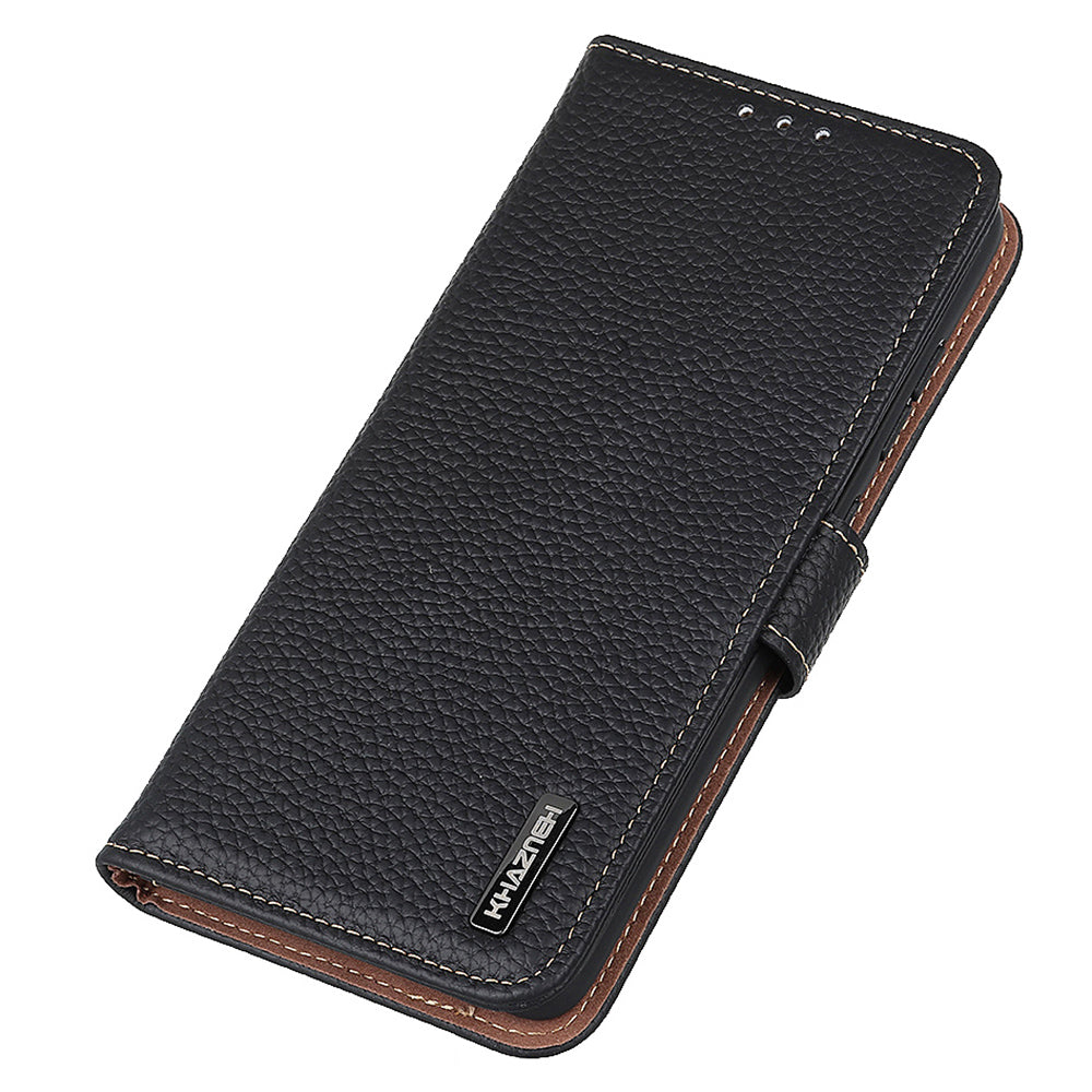 KHAZNEH For Samsung Galaxy F34 5G / M34 5G Phone Wallet Case Litchi Texture Genuine Cow Leather Stand Cover - Black
