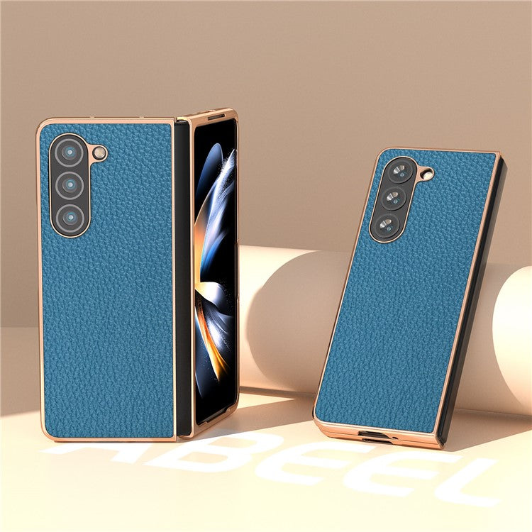 Electroplating Phone Case for Samsung Galaxy Z Fold5 5G , Genuine Cow Leather Coated PC Litchi Texture Protective Cover - Blue