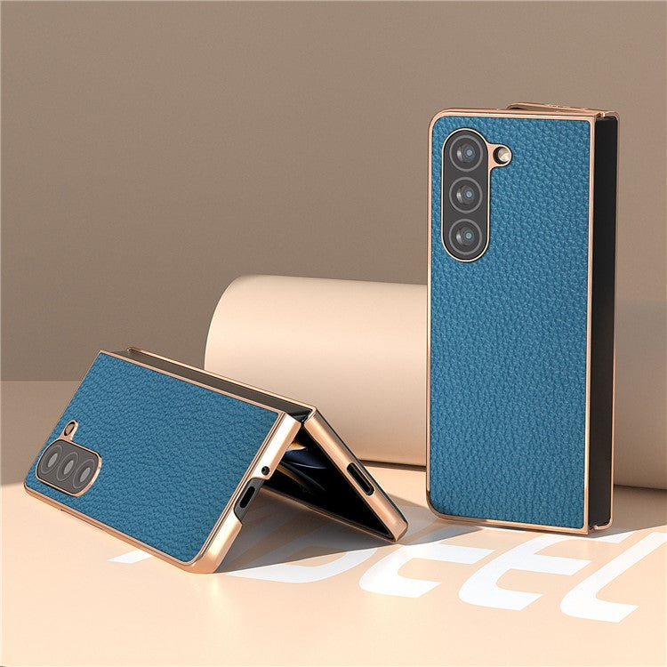 Electroplating Phone Case for Samsung Galaxy Z Fold5 5G , Genuine Cow Leather Coated PC Litchi Texture Protective Cover - Blue