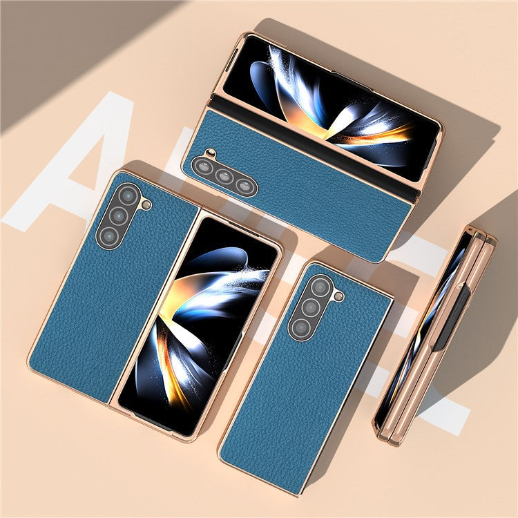 Electroplating Phone Case for Samsung Galaxy Z Fold5 5G , Genuine Cow Leather Coated PC Litchi Texture Protective Cover - Blue
