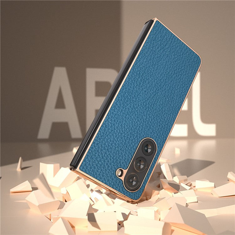 Electroplating Phone Case for Samsung Galaxy Z Fold5 5G , Genuine Cow Leather Coated PC Litchi Texture Protective Cover - Blue