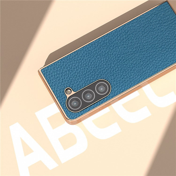 Electroplating Phone Case for Samsung Galaxy Z Fold5 5G , Genuine Cow Leather Coated PC Litchi Texture Protective Cover - Blue