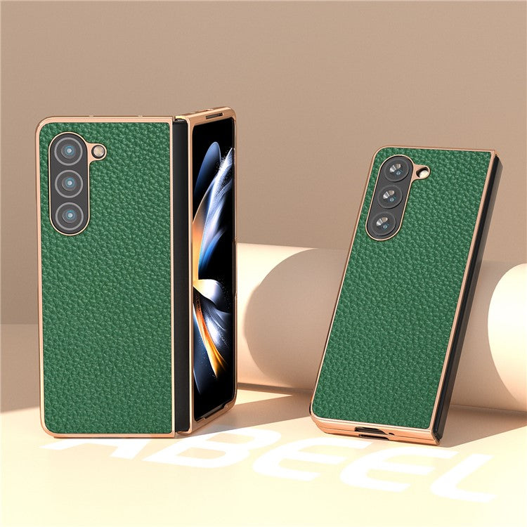 Electroplating Phone Case for Samsung Galaxy Z Fold5 5G , Genuine Cow Leather Coated PC Litchi Texture Protective Cover - Green