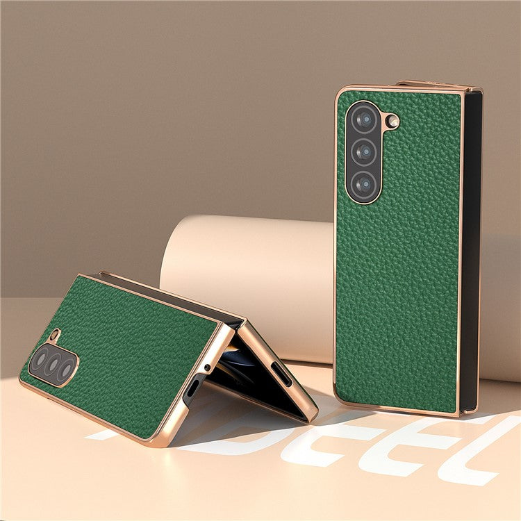 Electroplating Phone Case for Samsung Galaxy Z Fold5 5G , Genuine Cow Leather Coated PC Litchi Texture Protective Cover - Green