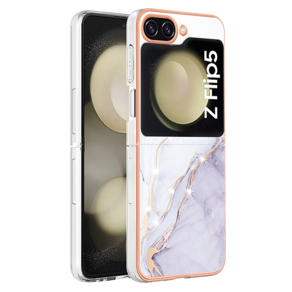 YB IMD Series-2 Electroplated Edge Phone Case for Samsung Galaxy Z Flip5 5G , Soft TPU Marble Pattern IMD Cover - White 006