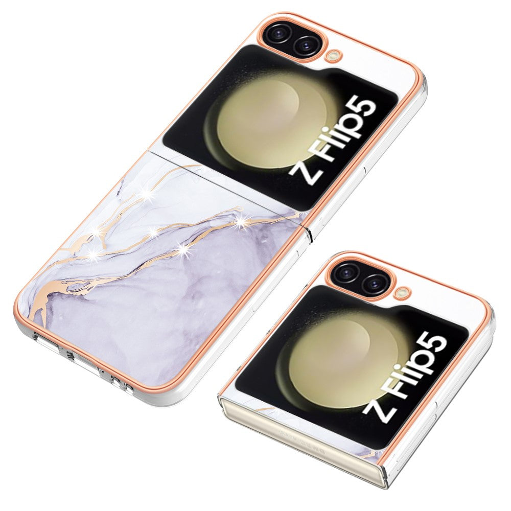 YB IMD Series-2 Electroplated Edge Phone Case for Samsung Galaxy Z Flip5 5G , Soft TPU Marble Pattern IMD Cover - White 006
