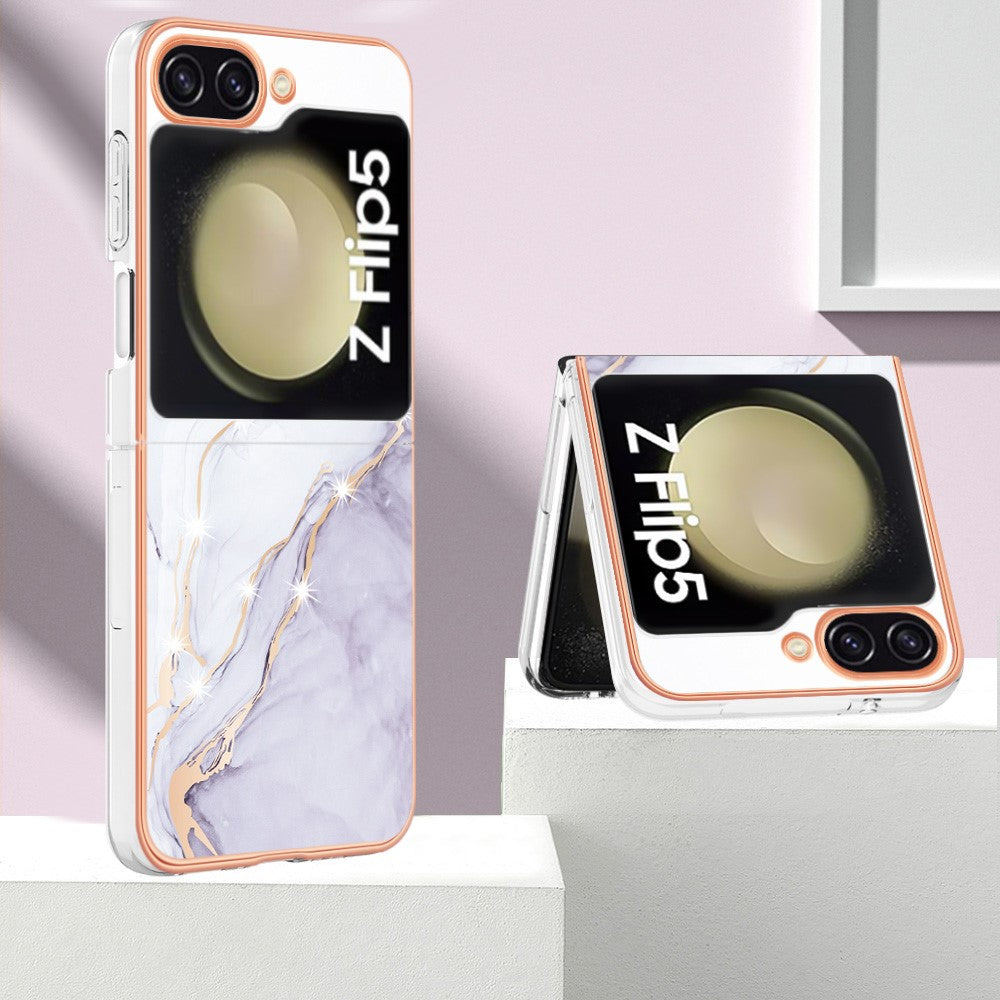 YB IMD Series-2 Electroplated Edge Phone Case for Samsung Galaxy Z Flip5 5G , Soft TPU Marble Pattern IMD Cover - White 006