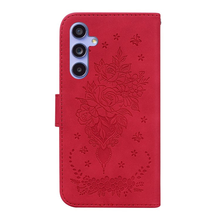 For Samsung Galaxy S23 FE Shockproof Wallet Case Rose Butterfly Imprinted Leather Stand Phone Cover - Red