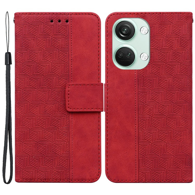 For OnePlus Nord 3 5G / Ace 2V Geometry Imprinted Stand Drop-proof Shell PU Leather Wallet Phone Cover - Red