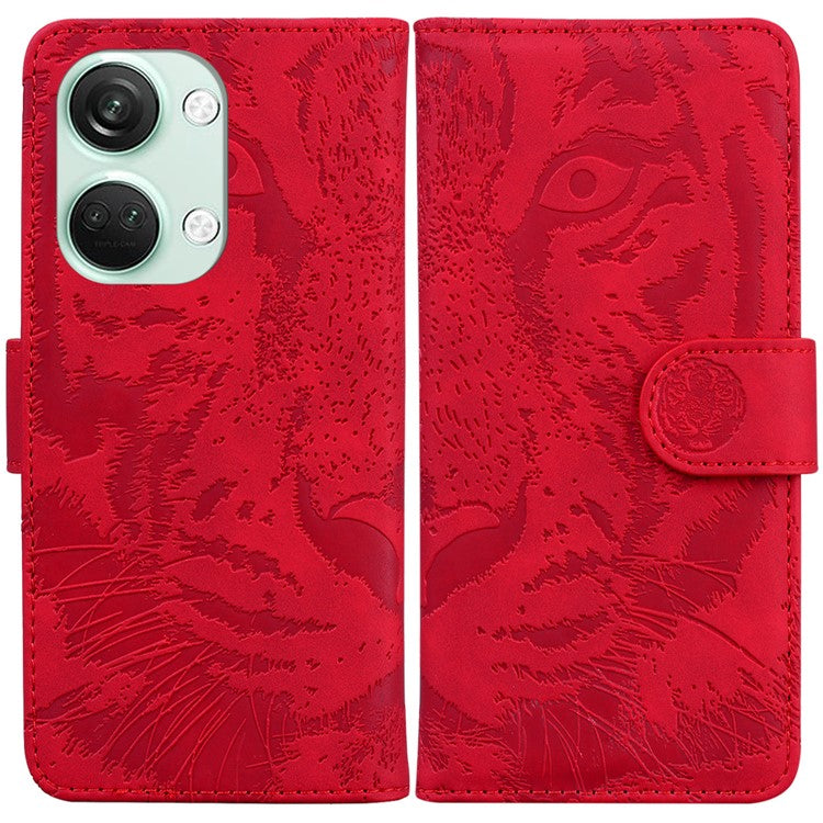 PU Leather Cover for OnePlus Nord 3 5G / Ace 2V Tiger Imprint Wallet Stand Phone Protective Shell - Red