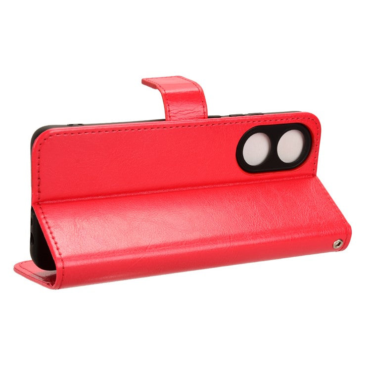 Wallet PU Leather Phone Cover for Oppo A58 4G , Crazy Horse Texture Stand Phone Case - Red