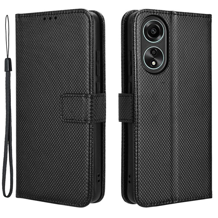 PU Leather Wallet Case for Oppo A58 4G , Diamond Texture Drop-proof Stand Phone Cover - Black