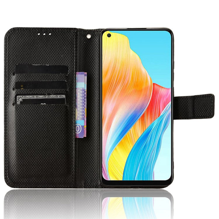 PU Leather Wallet Case for Oppo A58 4G , Diamond Texture Drop-proof Stand Phone Cover - Black
