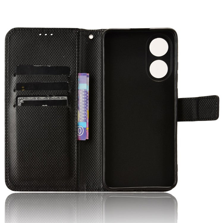PU Leather Wallet Case for Oppo A58 4G , Diamond Texture Drop-proof Stand Phone Cover - Black