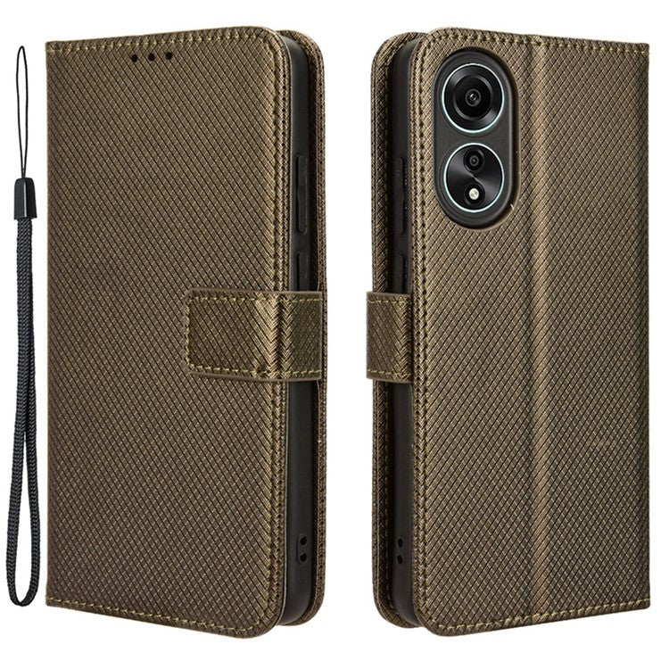 PU Leather Wallet Case for Oppo A58 4G , Diamond Texture Drop-proof Stand Phone Cover - Brown