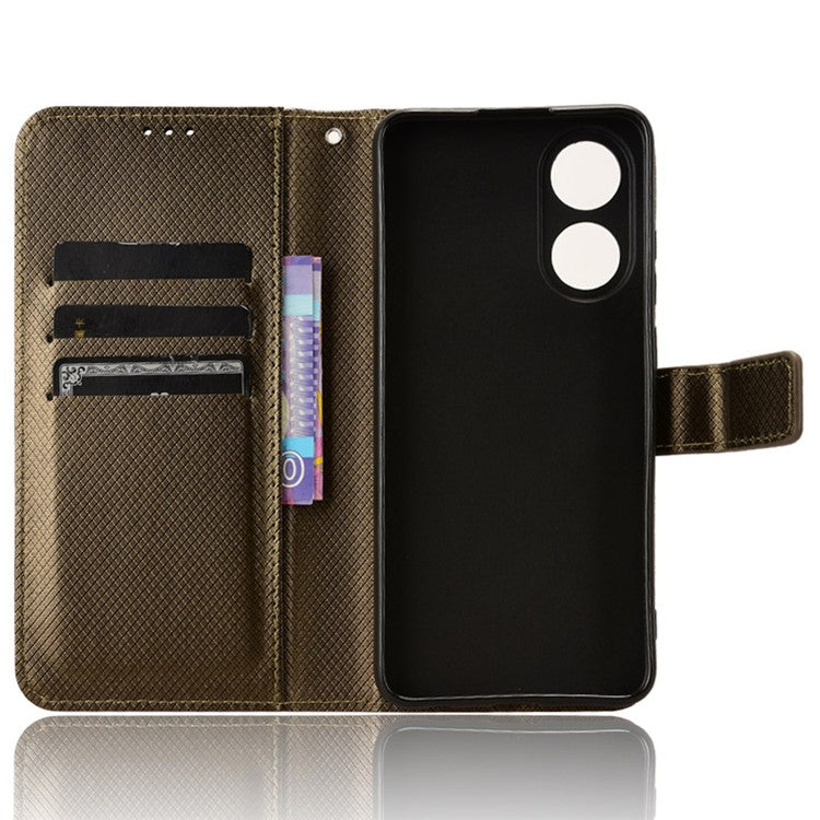 PU Leather Wallet Case for Oppo A58 4G , Diamond Texture Drop-proof Stand Phone Cover - Brown