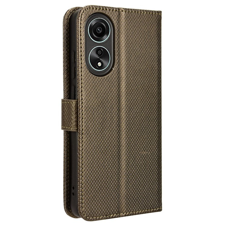 PU Leather Wallet Case for Oppo A58 4G , Diamond Texture Drop-proof Stand Phone Cover - Brown