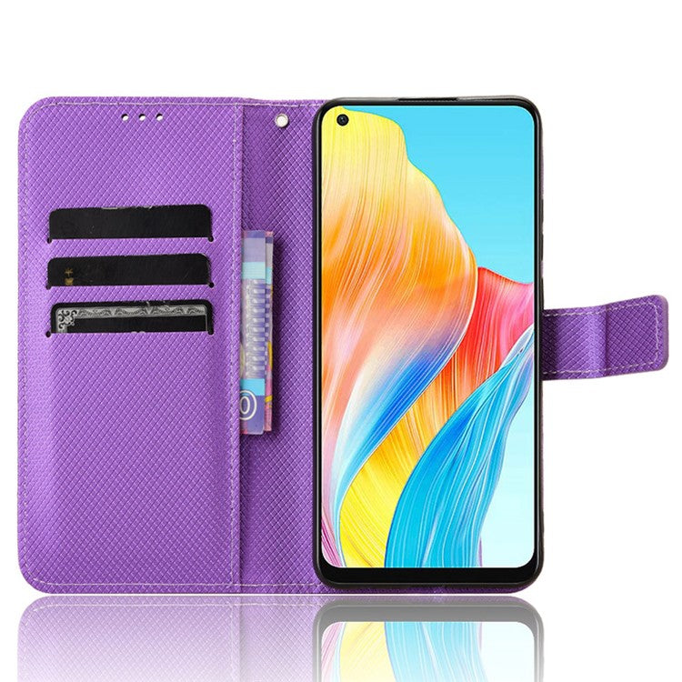 PU Leather Wallet Case for Oppo A58 4G , Diamond Texture Drop-proof Stand Phone Cover - Purple