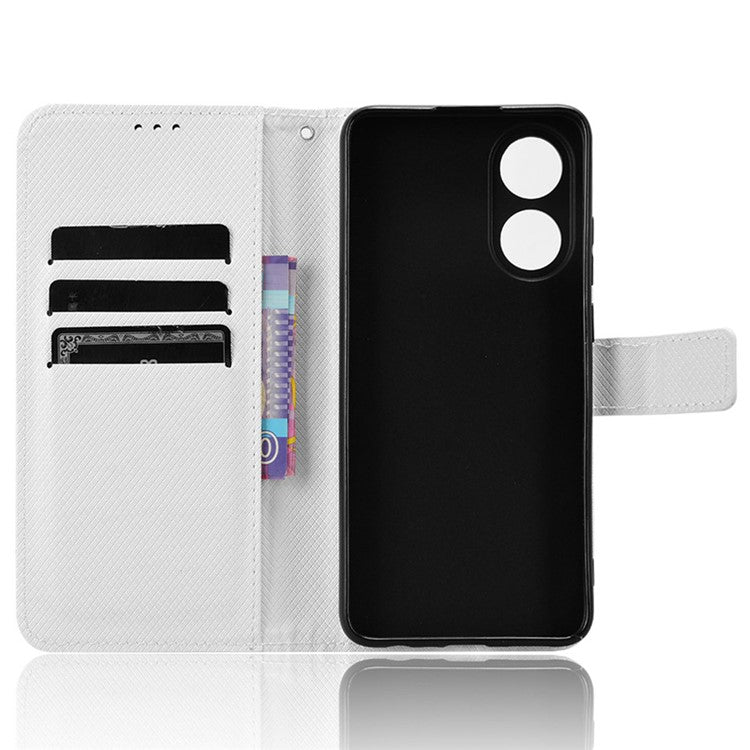 PU Leather Wallet Case for Oppo A58 4G , Diamond Texture Drop-proof Stand Phone Cover - White