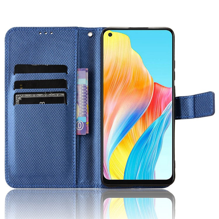 PU Leather Wallet Case for Oppo A58 4G , Diamond Texture Drop-proof Stand Phone Cover - Blue