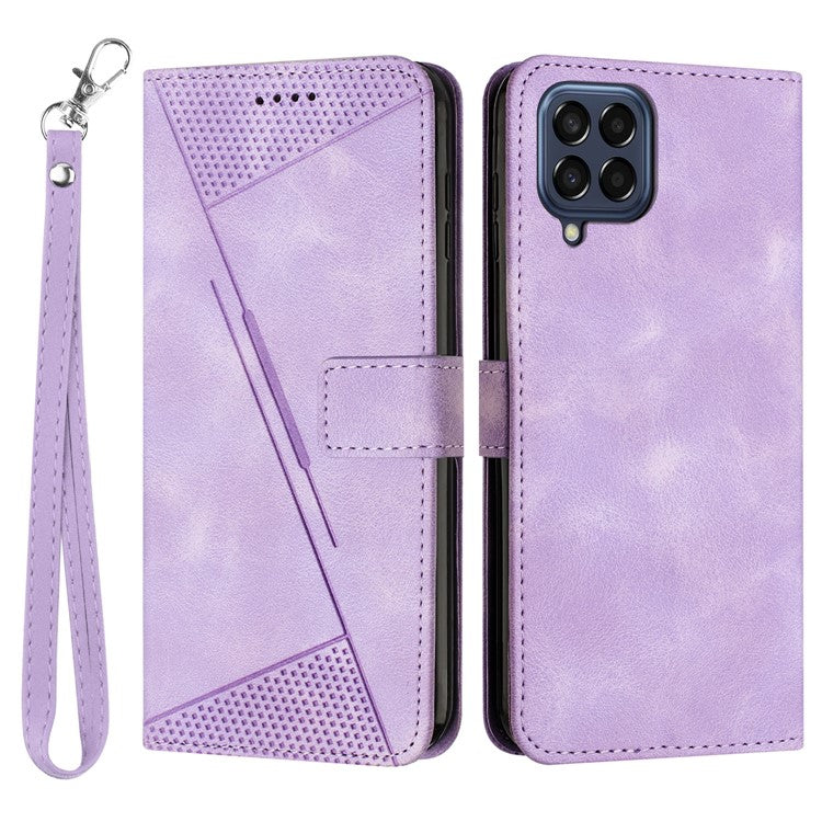 Triangle Imprinted Phone Case for Samsung Galaxy M53 5G PU Leather Flip Stand Wallet Cover with Strap - Purple