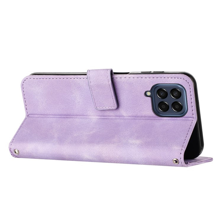 Triangle Imprinted Phone Case for Samsung Galaxy M53 5G PU Leather Flip Stand Wallet Cover with Strap - Purple