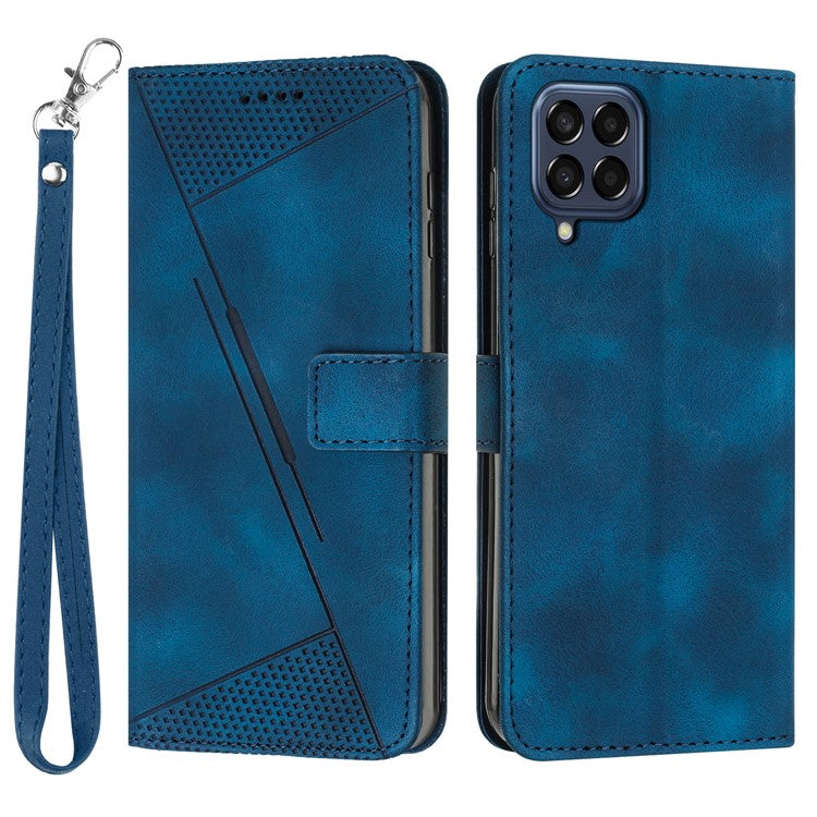 Triangle Imprinted Phone Case for Samsung Galaxy M53 5G PU Leather Flip Stand Wallet Cover with Strap - Sapphire