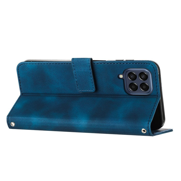 Triangle Imprinted Phone Case for Samsung Galaxy M53 5G PU Leather Flip Stand Wallet Cover with Strap - Sapphire