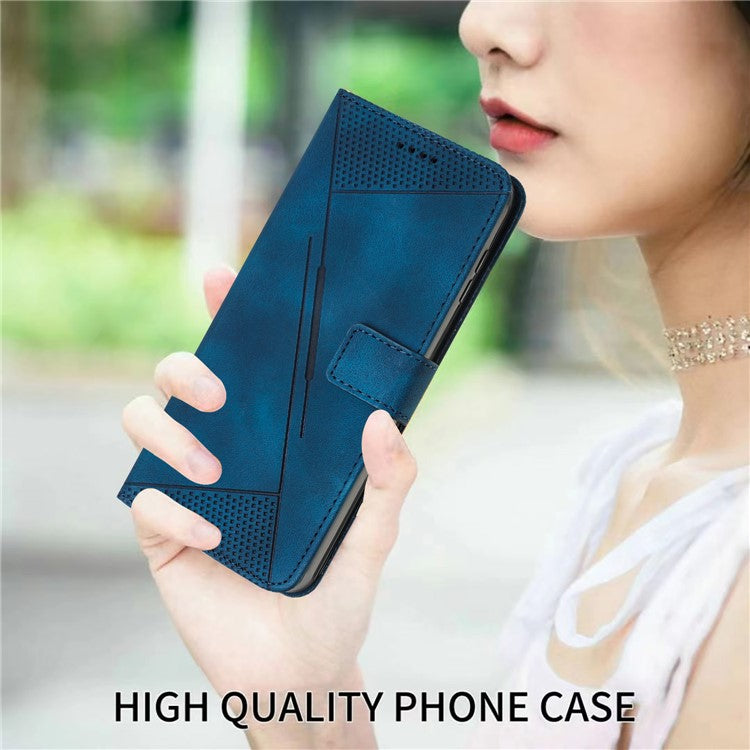 Triangle Imprinted Phone Case for Samsung Galaxy M53 5G PU Leather Flip Stand Wallet Cover with Strap - Sapphire
