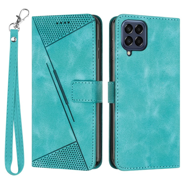 Triangle Imprinted Phone Case for Samsung Galaxy M53 5G PU Leather Flip Stand Wallet Cover with Strap - Green
