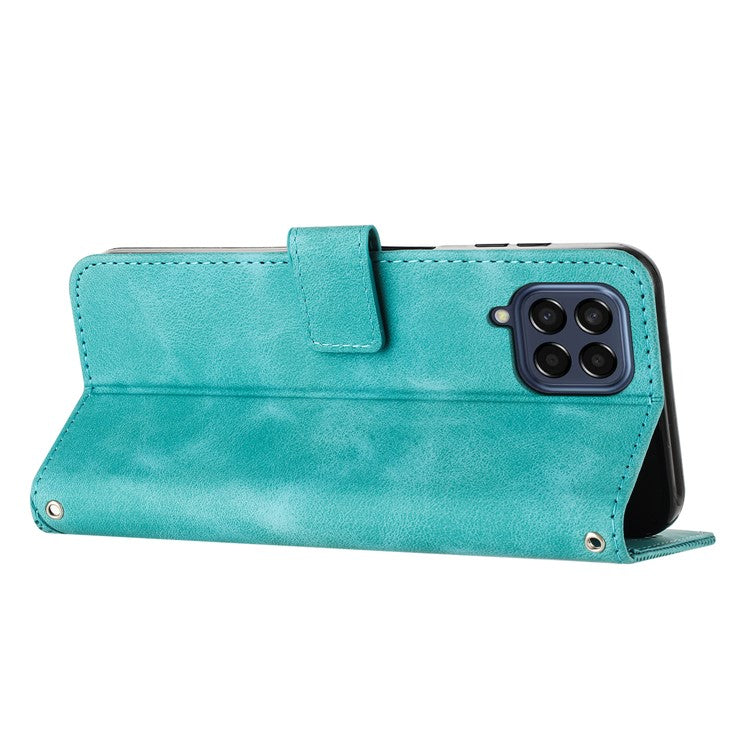 Triangle Imprinted Phone Case for Samsung Galaxy M53 5G PU Leather Flip Stand Wallet Cover with Strap - Green