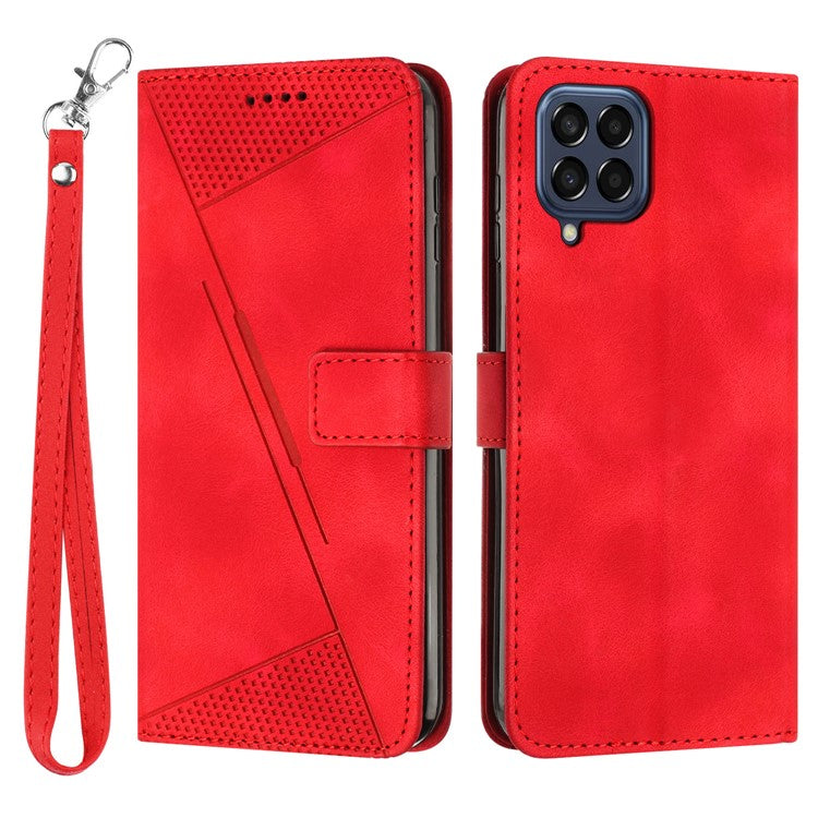 Triangle Imprinted Phone Case for Samsung Galaxy M53 5G PU Leather Flip Stand Wallet Cover with Strap - Red