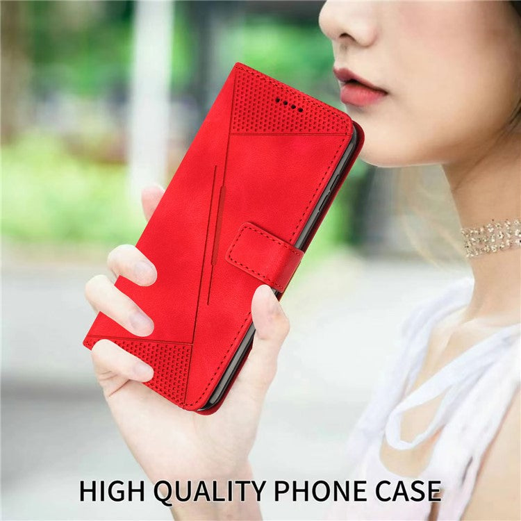 Triangle Imprinted Phone Case for Samsung Galaxy M53 5G PU Leather Flip Stand Wallet Cover with Strap - Red