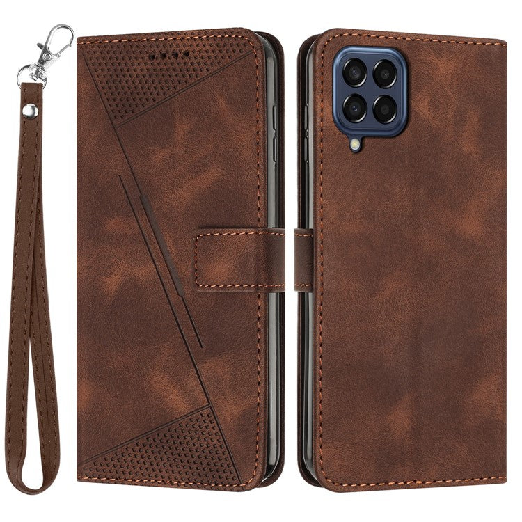 Triangle Imprinted Phone Case for Samsung Galaxy M53 5G PU Leather Flip Stand Wallet Cover with Strap - Brown