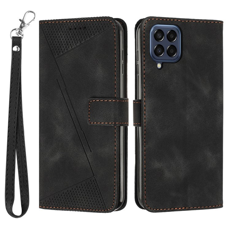 Triangle Imprinted Phone Case for Samsung Galaxy M53 5G PU Leather Flip Stand Wallet Cover with Strap - Black