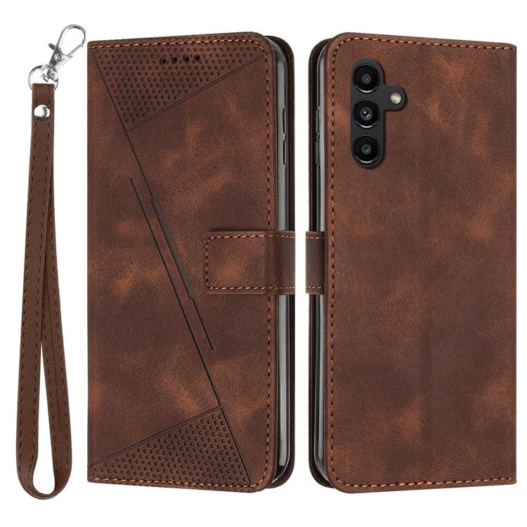 For Samsung Galaxy M54 5G / F54 5G Leather Wallet Drop-proof Phone Cover Triangle Imprint Stand Shell with Strap - Brown