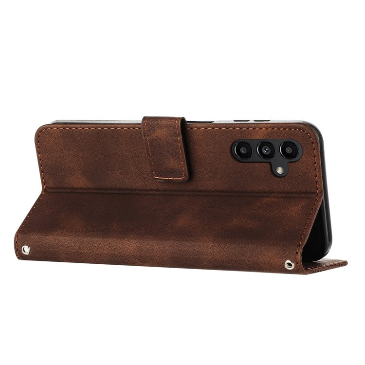 For Samsung Galaxy M54 5G / F54 5G Leather Wallet Drop-proof Phone Cover Triangle Imprint Stand Shell with Strap - Brown