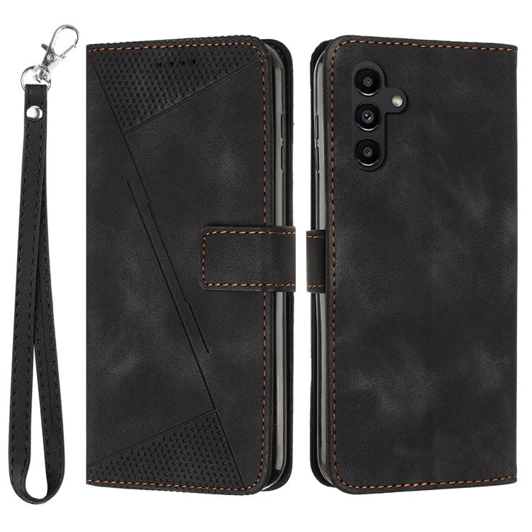 For Samsung Galaxy M54 5G / F54 5G Leather Wallet Drop-proof Phone Cover Triangle Imprint Stand Shell with Strap - Black